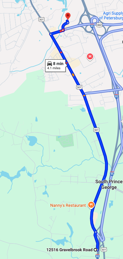 Drive‑time and casino proximity map for Gravelbrook and I‑95 Exit 45